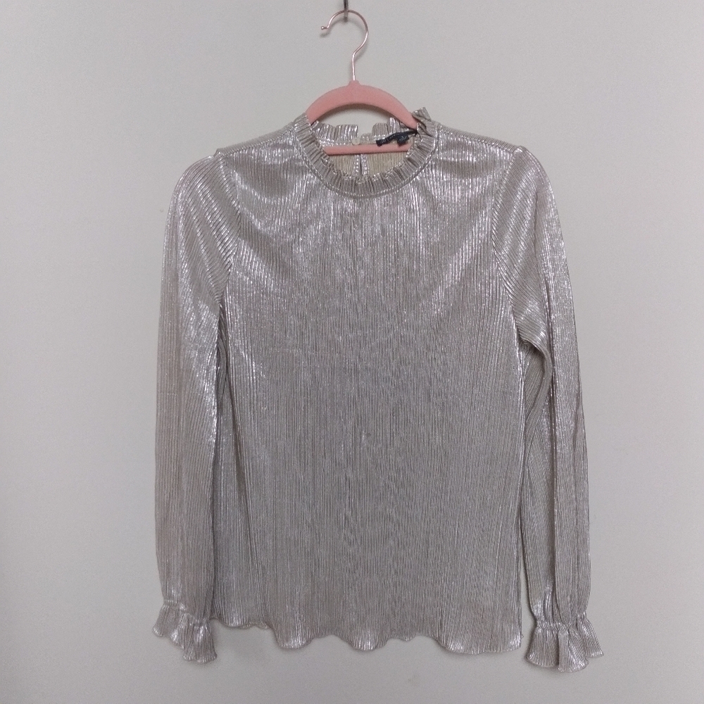 Adrianna Papell Metallic Pleated Champagne Long Sleeve Top Size Small
